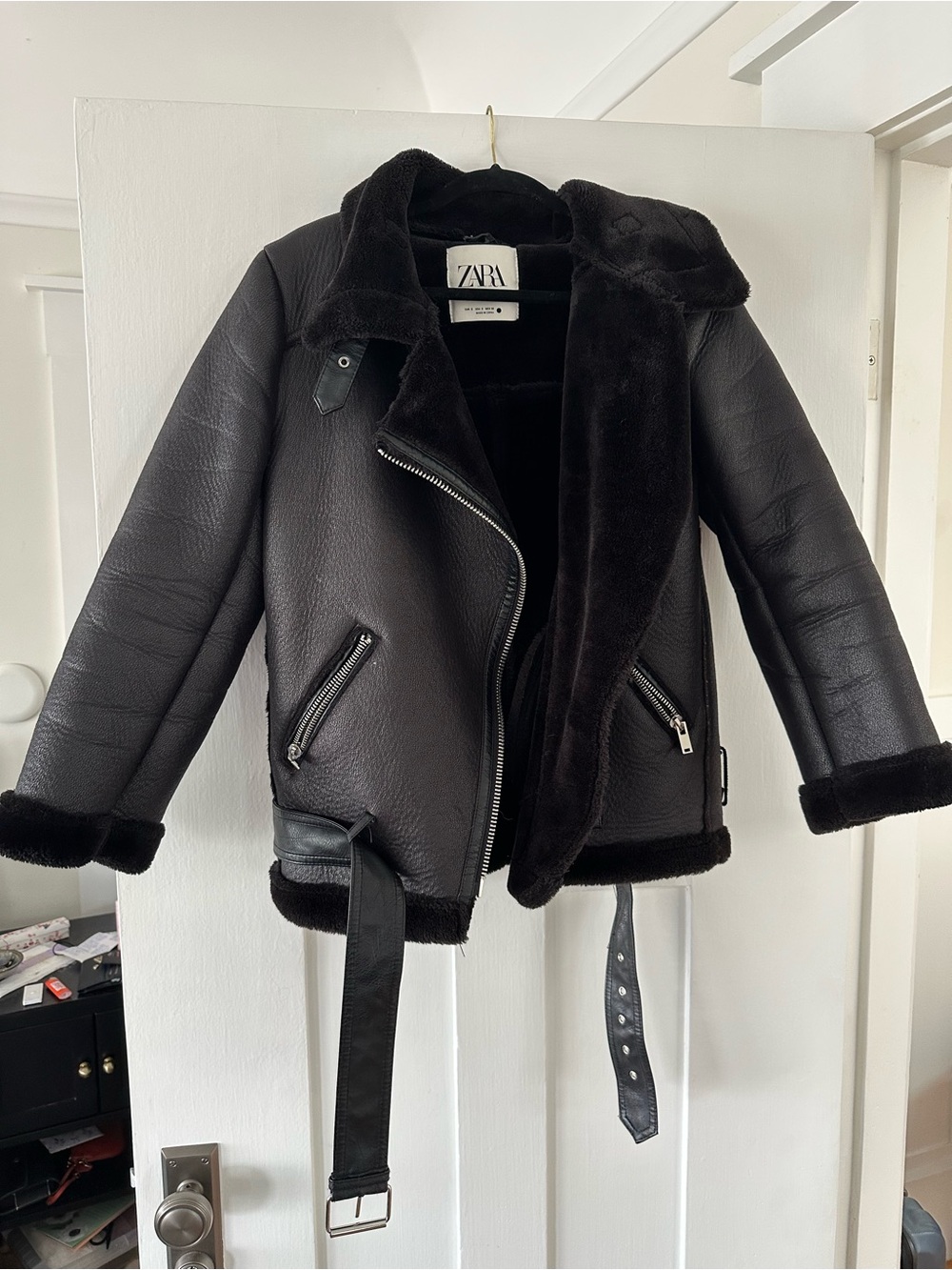 Zara Black Shearling-Style Moto Jacket - Size S